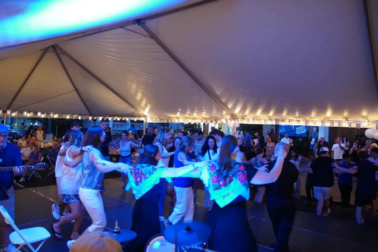 The crowd dancing under blue evening lights