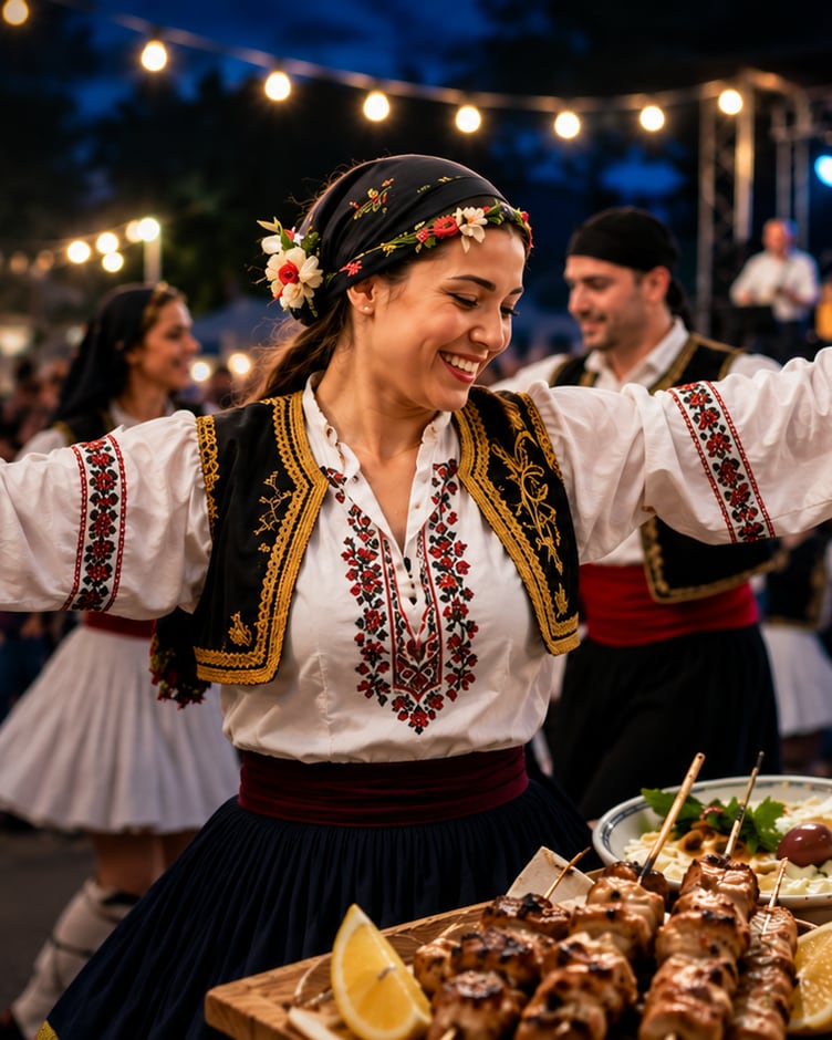 Traditional Greek dancers performing at an evening festival, with a spread of souvlaki, Greek salad and pita in the foreground