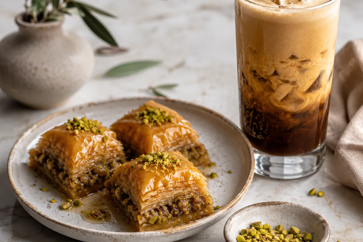 A plate of baklava beside an iced Greek coffee