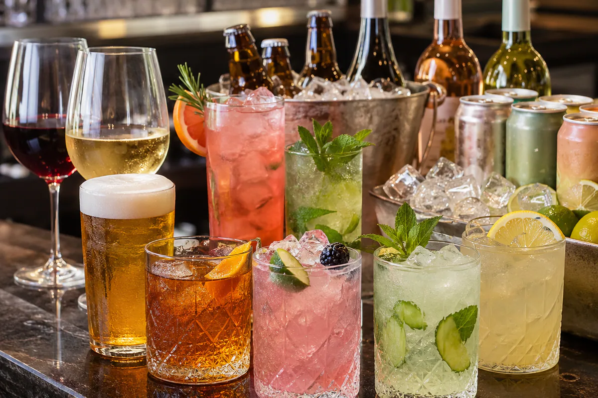 Wine, beer, cocktails and canned drinks arranged across a bar